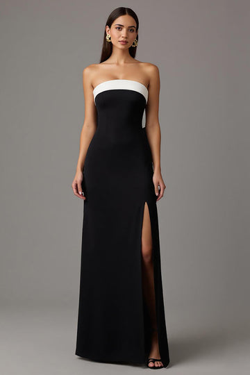 Black White Strapless Sheath Long Formal Dress with Slit